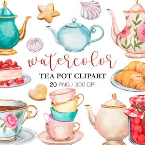 Clipart di teiera e tazza da tè ad acquerello, invito a una festa del tè ad acquerello, clipart di un bar, clipart di una cucina, teiere dorate, tazze, PNG, clipart di una torta