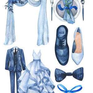 May include: Watercolor illustration of wedding details in blue and white.  The illustration includes a wedding arch, a wedding dress, a suit, a bow tie, a pair of shoes, a pair of heels, a place setting, and a bow.