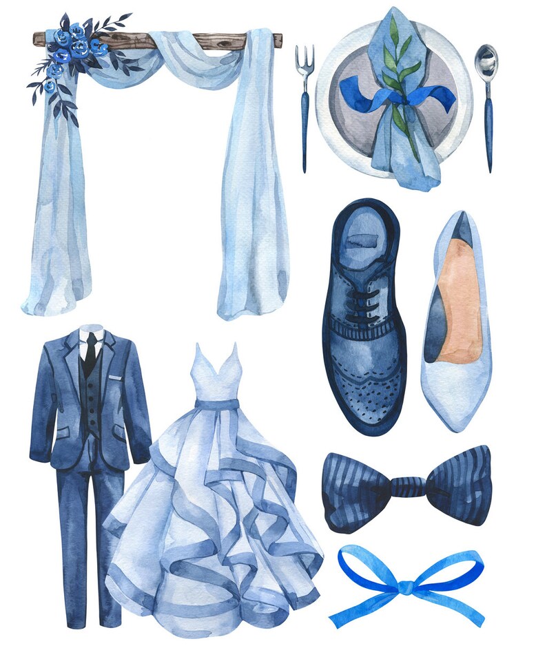 May include: Watercolor illustration of wedding details in blue and white.  The illustration includes a wedding arch, a wedding dress, a suit, a bow tie, a pair of shoes, a pair of heels, a place setting, and a bow.