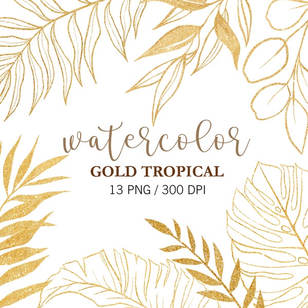 Gold Tropical Leaves Clipart, Doodle Clipart, Tropical Plant, PNG, Glitter Palm Leaf, Jungle Clipart, Gold Leaves, Wedding invitation, DIY