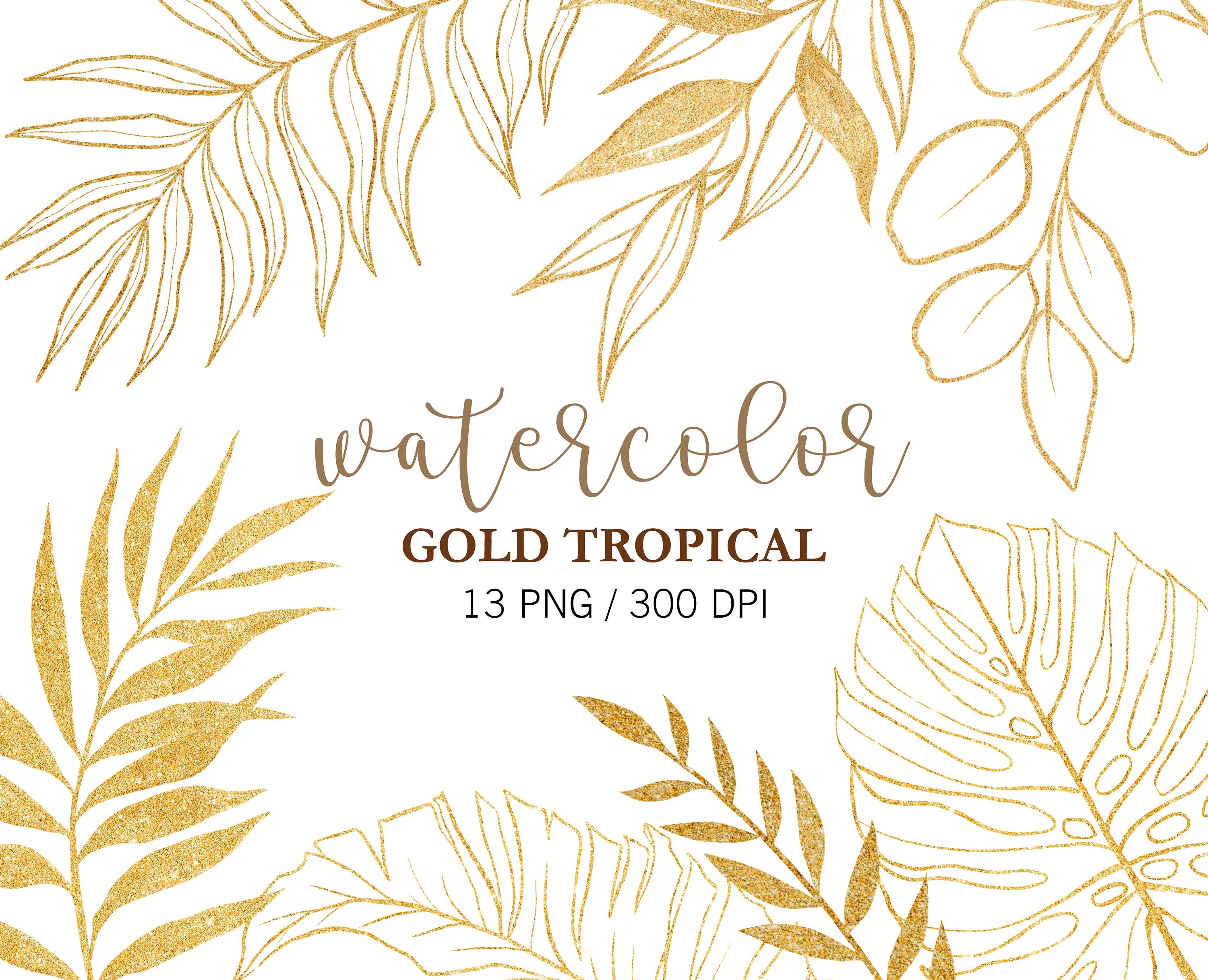 Gold Tropical Leaves Clipart, Doodle Clipart, Tropical Plant, PNG, Glitter Palm Leaf, Jungle Clipart, Gold Leaves, Wedding invitation, DIY