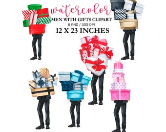 Watercolor Christmas Shopping Clipart: Men with Gifts, Red Green Blue Pink Black and Beige colors, Shopping boxex, Man with gifts PNG