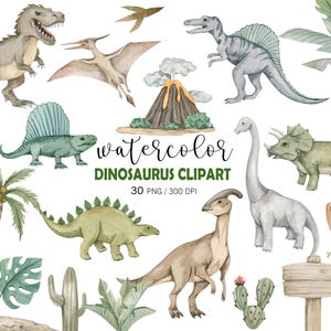 Dinosaur Clipart PNG Bundle, Watercolor Dinosaur Illustrations, T-Rex Triceratops Clipart, Boys Nursery PNG, Dino Party Clipart image 1