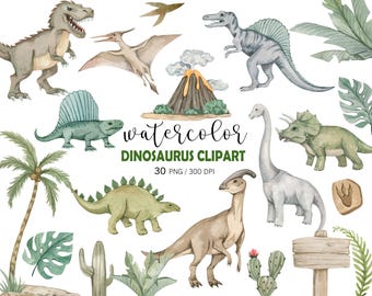 Dinosaur Clipart PNG Bundle, Watercolor Dinosaur Illustrations, T-Rex Triceratops Clipart, Boys Nursery PNG, Dino Party Clipart