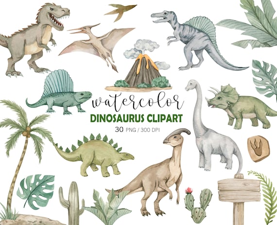 Dinosaur Clipart PNG Bundle, Watercolor Dinosaur Illustrations, T-Rex Triceratops Clipart, Boys Nursery PNG, Dino Party Clipart