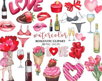 Watercolor Valentine Clipart: Hand Painted Romantic Love PNG Clipart Digital Download wine, hearts, couple, lips flowers