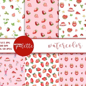 Paquet de papier numérique PNG avec motifs fraises aquarelle, motifs de cuisine d'été, papiers d'emballage, desserts, confiture de fruits