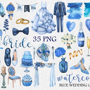 May include: Blue watercolor wedding clipart set with 35 PNG images. Includes a bride and groom, wedding cake, flowers, champagne, and more.