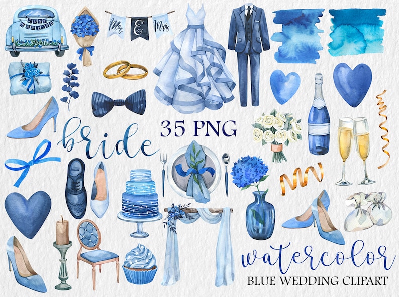 May include: Blue watercolor wedding clipart set with 35 PNG images. Includes a bride and groom, wedding cake, flowers, champagne, and more.