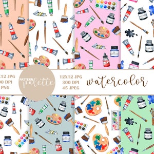 May include: A set of four digital paper patterns featuring watercolor illustrations of paintbrushes, paint tubes, paint palettes, and other art supplies. The patterns are in pink, blue, green, and peach.