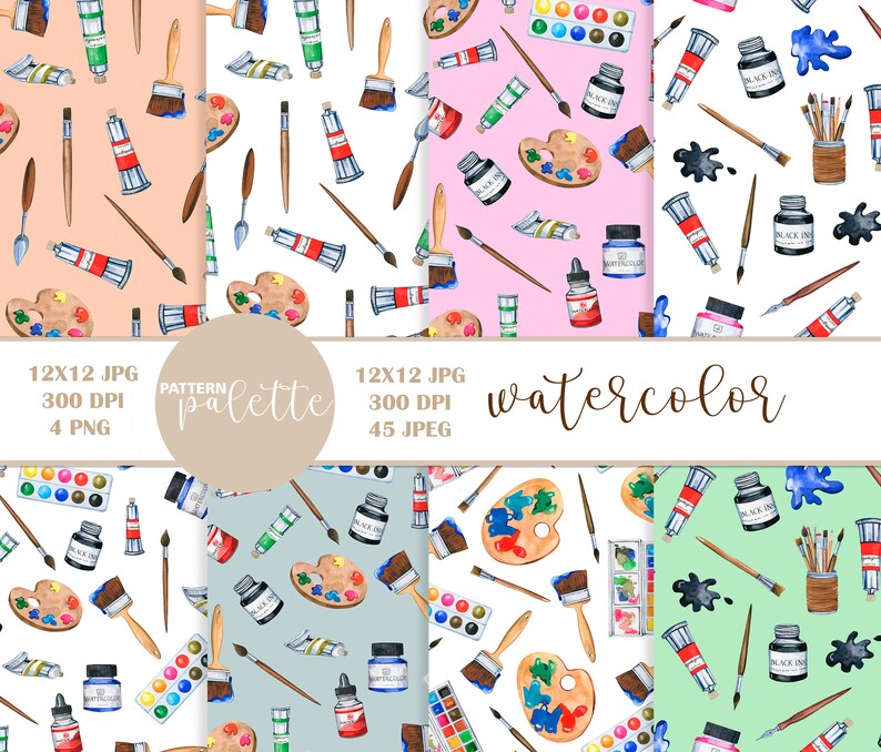 May include: A set of four digital paper patterns featuring watercolor illustrations of paintbrushes, paint tubes, paint palettes, and other art supplies. The patterns are in pink, blue, green, and peach.