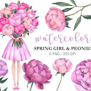 Aquarel lente meisje met bloemen Moederdag clipart, aquarel meisje met pioenrozen PNG planner stickers liefde lente clipart verjaardagskaart