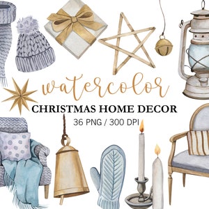 Clipart natalizie ad acquerello, decorazioni natalizie, PNG, decorazioni invernali, decorazioni natalizie stampabili, decorazioni scandinave, ornamenti natalizi, luci, cappello