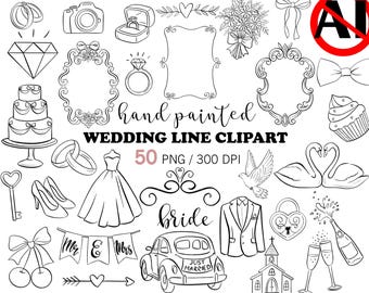 Paquete de imágenes prediseñadas PNG de boda pintadas a mano, elementos nupciales en línea negra, imágenes prediseñadas de novia, marcos florales, gráficos PNG para invitaciones de boda