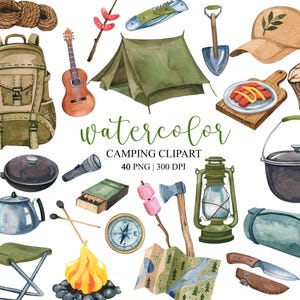 Watercolor Camping Clipart, Travel Clipart, PNG, Adventure, Family vacation, Summer Clipart, Nature clipart, Tourist Backpack Graphics, DIY