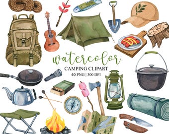 Watercolor Camping Clipart, Travel Clipart, PNG, Adventure, Family vacation, Summer Clipart, Nature clipart, Tourist Backpack Graphics, DIY
