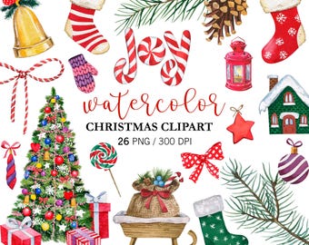 Decoración navideña en acuarela, imágenes PNG de Navidad, árbol de Navidad en acuarela, árbol de Navidad, adornos navideños, decoración de Año Nuevo