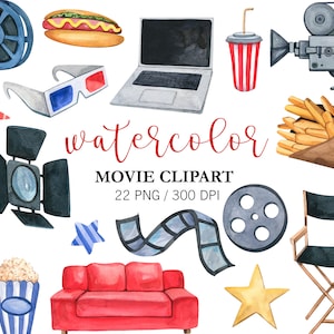 Watercolor Movie clipart Movie Night PNG, Cinema Clipart, Popcorn, movie night party, Film, Watercolor Movie Theater Clipart, Movie Date