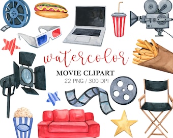 Watercolor Movie Night Clipart: Cinema PNG Set Digital Download