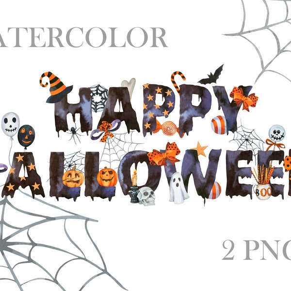 Watercolor Happy Halloween Text banner, PNG,  Halloween Clipart, Autumn, Fall Clipart, Halloween sign, Halloween decor, Happy Halloween font