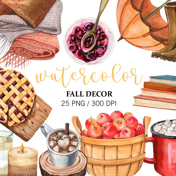 Watercolor Fall Decor, Fall Clipart, Cozy Autumn, Planner stickers, Watercolor Pumpkins, Home Decor, PNG, Fall favorites, Farmhouse decor,