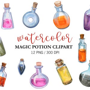 Puede incluir: Clipart de acuarela de 12 botellas de poción mágica en varios colores y formas. Las botellas están llenas de líquidos de diferentes colores. El texto "watercolor magic potion clipart 12 png / 300 dpi" está escrito debajo de las botellas.