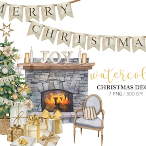 Aquarelle de Noël cheminée de Noël, des cliparts décoration d'intérieur, des cliparts Noël, PNG, décoration scandinave, ferme, décoration hiver imprimable