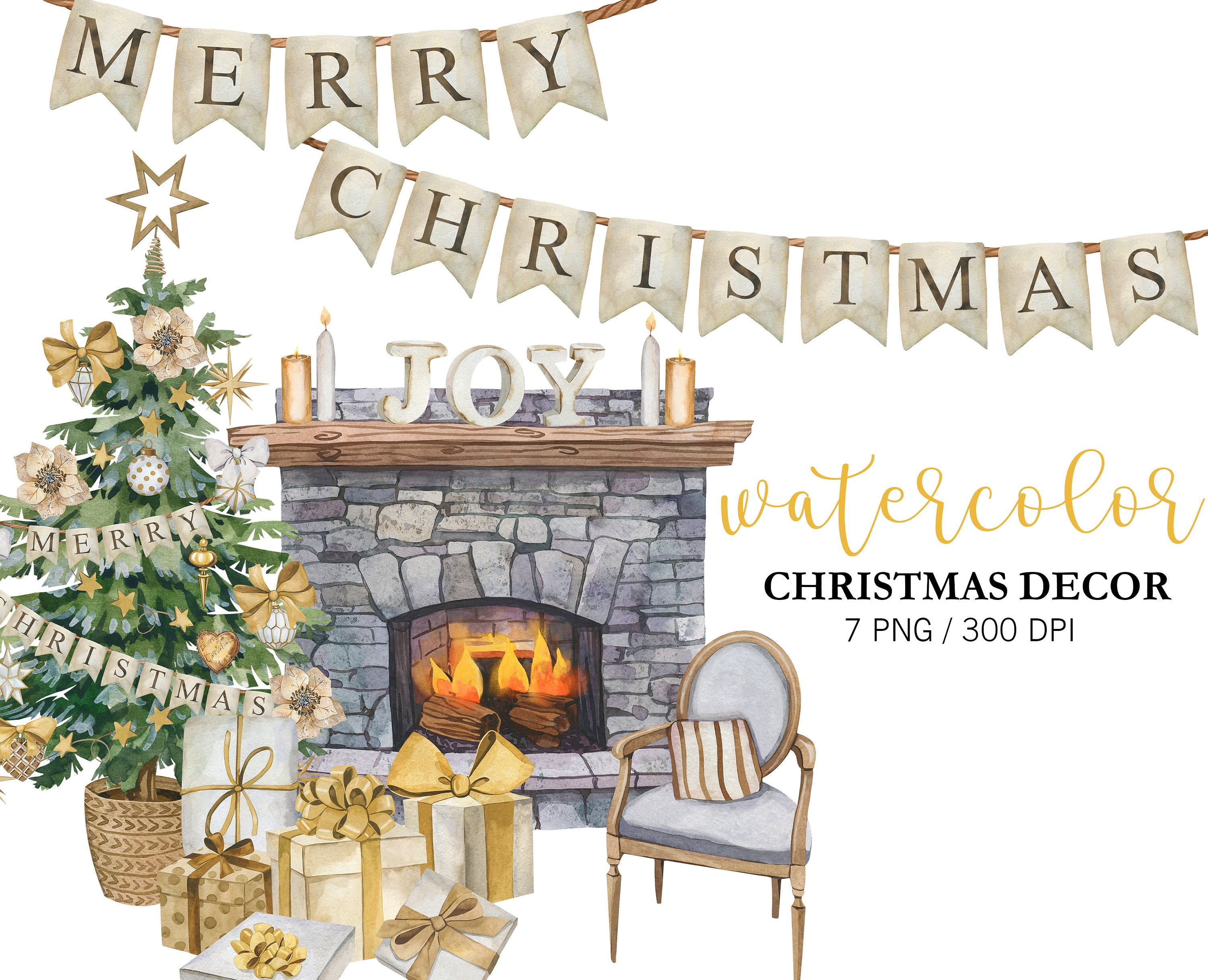 Watercolor Christmas Christmas Fireplace Home Decor Clipart - Etsy