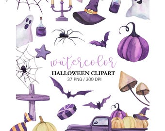 Clipart de Halloween en acuarela: camión violeta y calabazas (descarga digital)