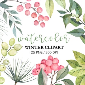 Clipart invernale ad acquerello, clipart natalizia, brunch di pino, bacche rosse, PNG, decorazioni natalizie, elementi essenziali per le vacanze invernali, clipart verde