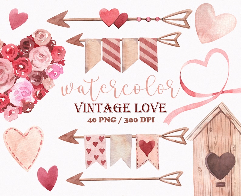 Watercolor Wedding Clipart, Valentines Day Clipart, Valentine Clipart, Vintage Love Letter Clipart, Wedding Clipart , Cute love clipart, PNG image 2