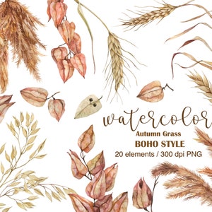 Op de afbeelding: Waterverfillustratie van herfstgras in boho-stijl. De illustratie bevat tarwe, gedroogde bloemen en andere grassen in tinten bruin en beige. De tekst "watercolor Autumn Grass BOHO STYLE 20 elements / 300 dpi PNG" is in de afbeelding opgenomen.