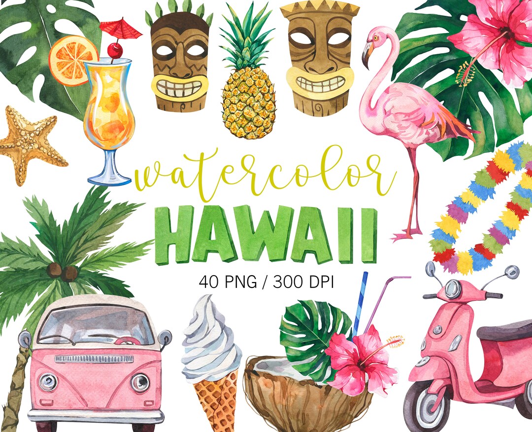 Watercolor Hawaii Clipart: Tropical Beach PNG Exotic, Summer Clipart ...