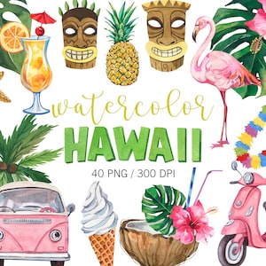 Clipart acquerello Hawaii, Clipart estate, PNG, Clipart tropicale, Cocktail estivi, Esotico, Spiaggia dell'isola Hawaii, Clipart matrimonio, Paradiso