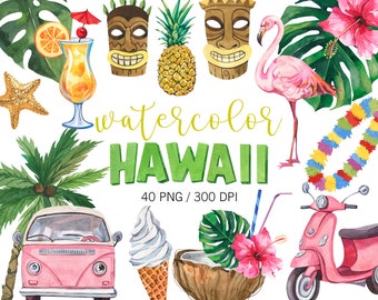 Watercolor Hawaii Clipart, Summer Clipart, PNG, Tropical Clipart, Summer Cocktails, Exotic, Hawaii Island Beach, Wedding Clipart, Paradise