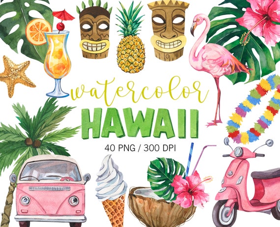 Watercolor Hawaii Clipart: Tropical Beach PNG  Exotic, Summer Clipart Digital Download