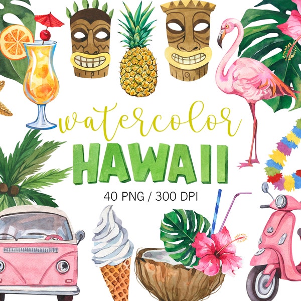 Watercolor Hawaii Clipart, Summer Clipart, PNG, Tropical Clipart, Summer Cocktails, Exotic, Hawaii Island Beach, Wedding Clipart, Paradise