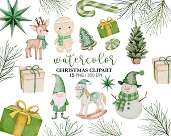 Decoración navideña en acuarela PNG, imágenes prediseñadas de muñecos de nieve en acuarela, imágenes prediseñadas de árboles de Navidad y juguetes navideños, renos y elfos en acuarela para las fiestas de invierno.
