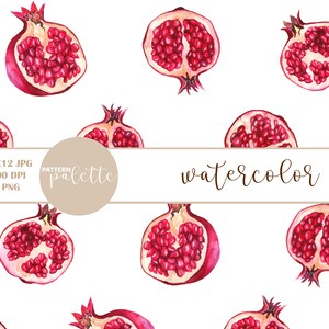 May include: Watercolor seamless pattern featuring red pomegranate fruit slices on a white background. The pattern is labeled "watercolor pattern palette".