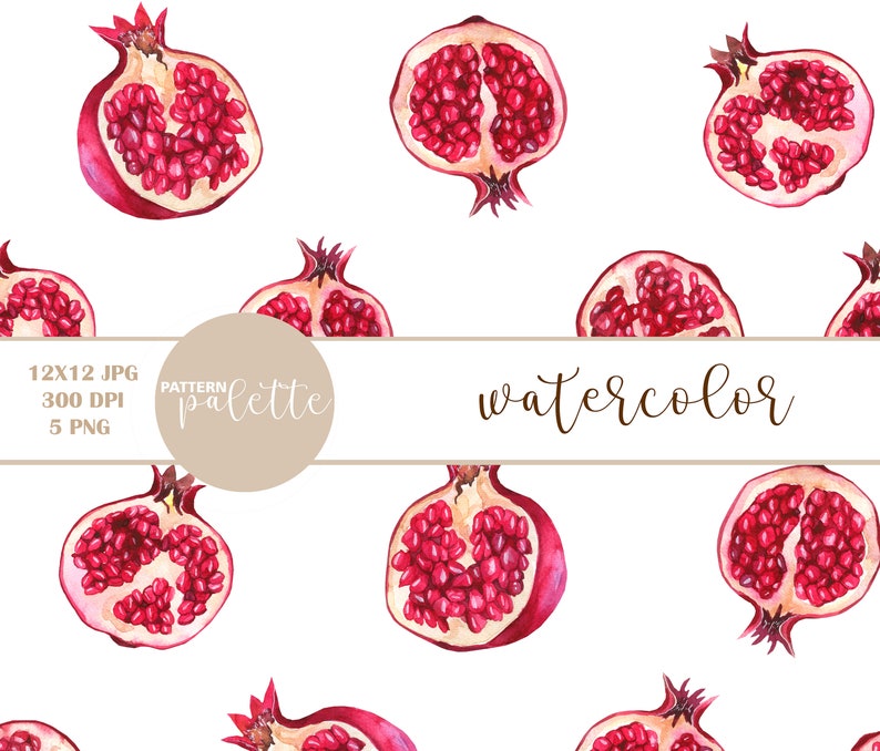 May include: Watercolor seamless pattern featuring red pomegranate fruit slices on a white background. The pattern is labeled "watercolor pattern palette".