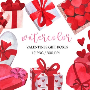 Clipart de aquarela para namorados, clipart de caixa de presente em aquarela, PNG, Red Heats, presente de dia dos namorados, design de casamento, clipart de amor fofo, presente vermelho