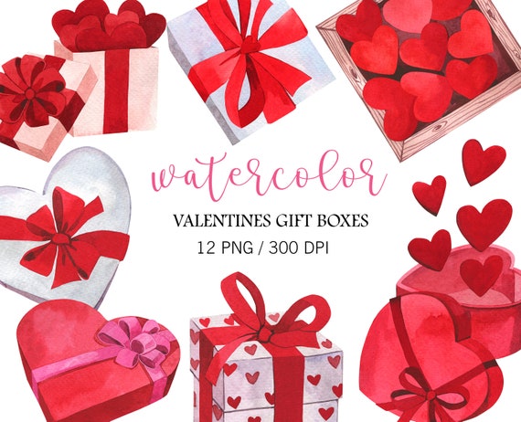 Watercolor Valentines Clipart, Watercolor Gift Box Clipart, PNG, Red Heats,  Valentines Day Gift, Wedding Design, Cute Love Clipart, Red Gift 