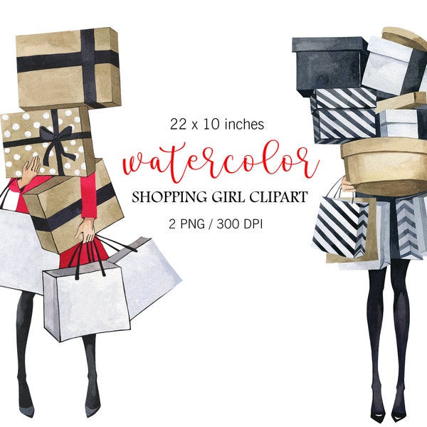 Watercolor Fashion Clipart, Shopping girl, Christmas png, Christmas gifts, PNG, Fashion girl png, New Year clipart, Fashion Planner Stickers