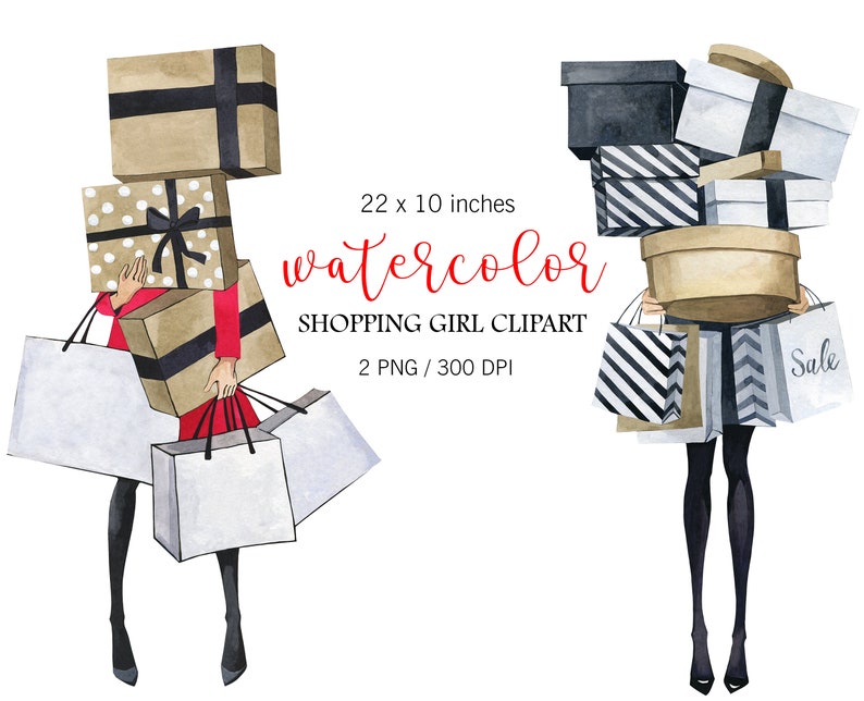 May include: Two watercolor illustrations of women carrying shopping bags and boxes. The women are wearing red dresses and black tights. The bags and boxes are wrapped in various patterns, including polka dots, stripes, and solid colors. The text "watercolor shopping girl clipart" is written in red letters below the images.