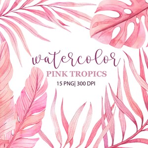 Aquarell rosa Tropische Blätter Clipart, Aquarell Tropische Clipart, Palmenblätter, PNG, Monstera Clipart, Tropische Sommerhochzeit, Exotisch