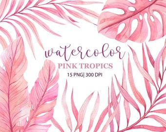 Pink Tropical Leaves PNG Clipart, Watercolor Tropical Clipart, Palm Leaves, PNG, Monstera Clipart, Tropical Summer Wedding, Exotic