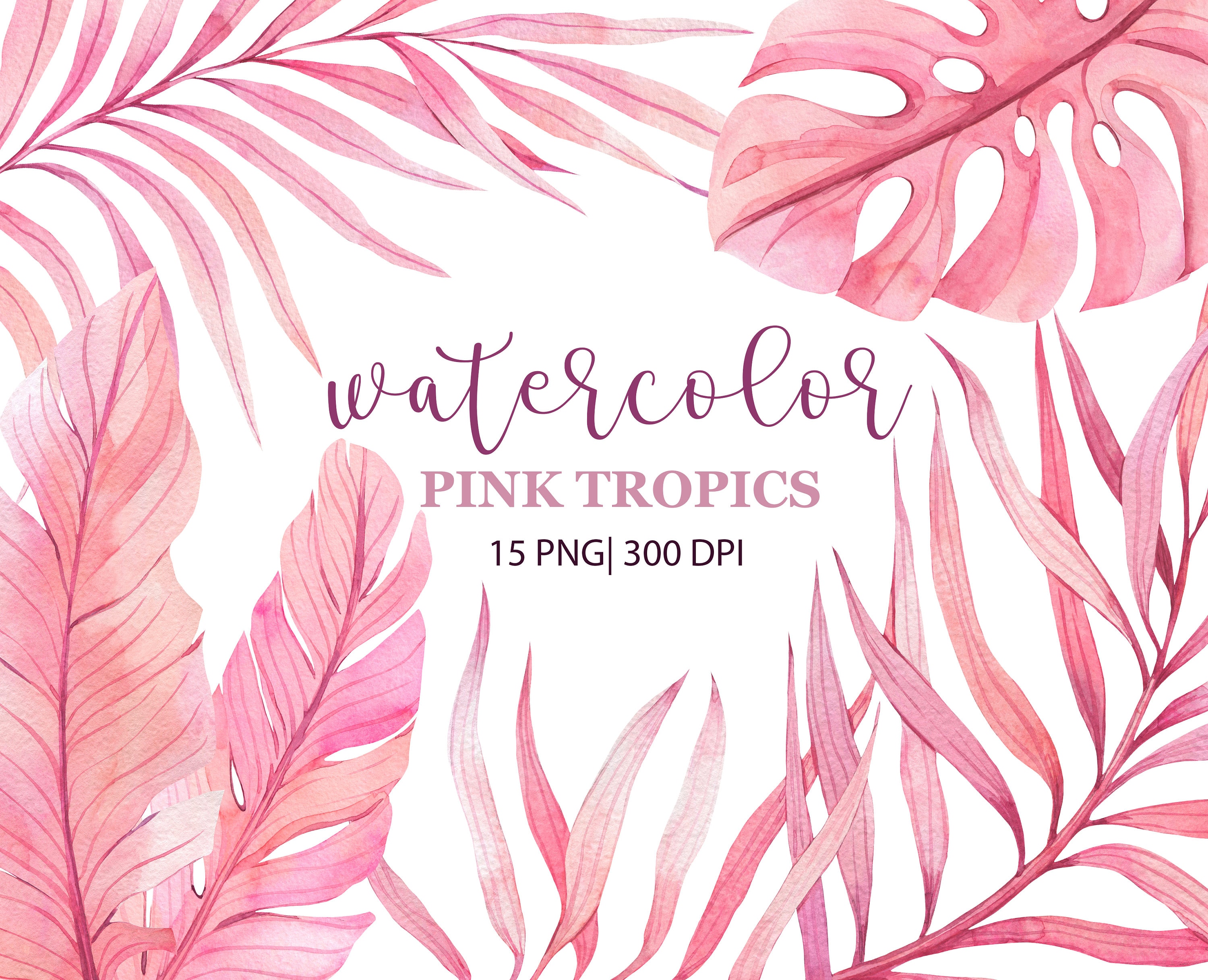 Watercolor Pink Tropical Leaves Clipart Watercolor Tropical | Etsy
