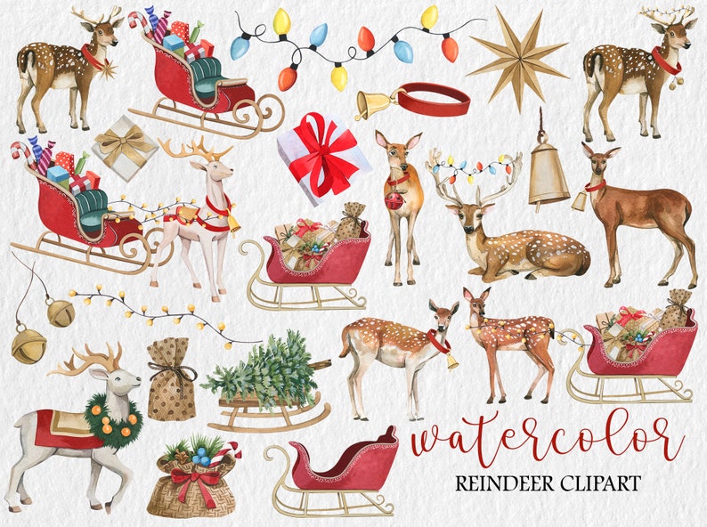 Watercolor Reindeer Clipart: Christmas PNG Graphics (digital Download ...