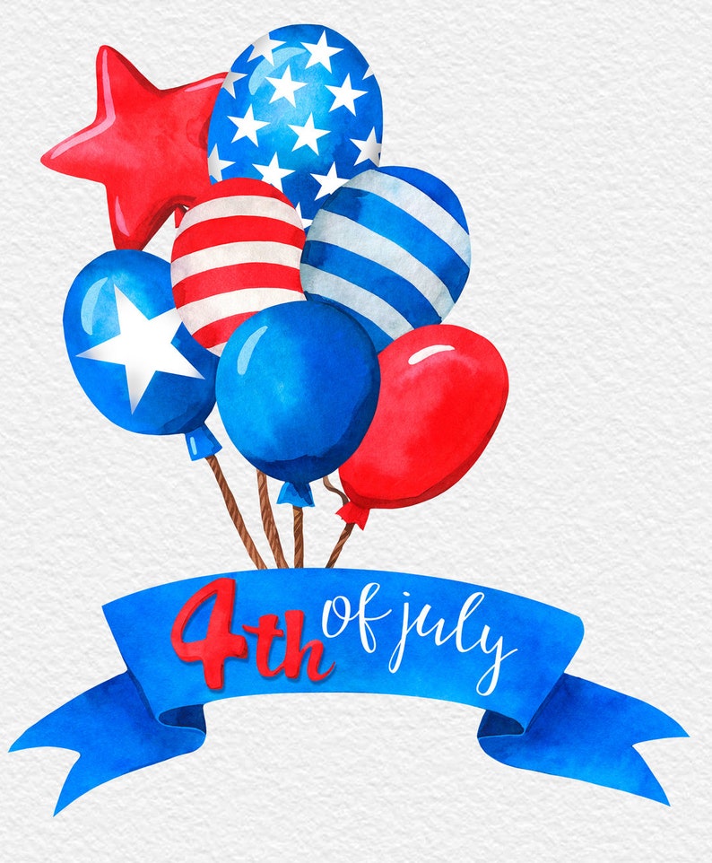 May include: A blue and red ribbon with the text "4th of July" in red lettering. The ribbon is tied around a bunch of red, white and blue balloons. The balloons are decorated with stars and stripes.