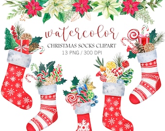 Watercolor Christmas Stockings Clipart, Christmas Santa Sock, Christmas Decor, Christmas PNG, Christmas socks with gifts, Poinsettia Decor